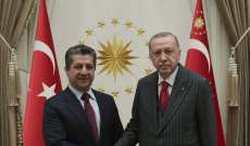 أردوغان بحث مع بارزاني في سبل تعزيز العلاقات الثنائية والتطورات الإقليمية