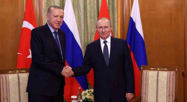 بوتين وأردوغان أكدا على ضرورة تنفيذ اتفاق نقل الحبوب وعلى أهمية الحفاظ على الوحدة السياسية لسوريا