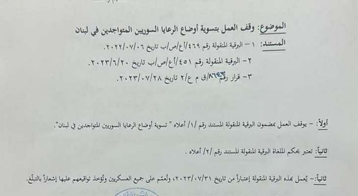 برقية للامن العام لوقف العمل بتسوية اوضاع الرعايا السوريين المتواجدين في لبنان