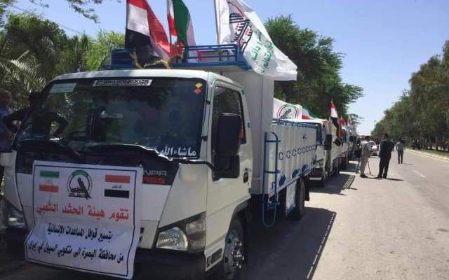 الحشد الشعبي في البصرة أرسل قافلة مساعدات إلى ضحايا السيول في إيران