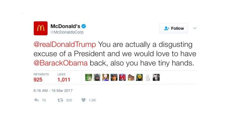 ماكدونالدز:ترامب رئيس مثير للإشمئزاز ويداه صغيرتان ونحب أن يعود أوباما